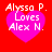 Four identical pixelated heart-shaped icons with text 'Alyssa P. Loves Alex N.' on a red background, arranged in a