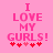Pink background with pixelated text "I LOVE MY GURLS!" and five red hearts below, two variations of heart colors visible.