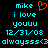 Pixelated cyan text on black background with red heart symbol, displaying 'mike i love youuu 12/31/08 alwayssss<3' in two identical side-by-side