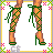 Pixel art contact sheet showing six frames of an animated icon featuring a blonde woman in green and white attire with floral border, displaying sequential body parts and text "i love him so much" across three bottom panels.