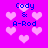 Pixelated icon with bright purple background, repeated text "Cody & A-Rod" in blue pixel font, and scattered light pink heart shapes.
