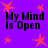 Purple background with red star shapes and black text reading "My Mind Is Open" in four quadrants.