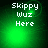 Green pixelated background with white text 'Skippy Wuz Here' and animated green light effects shifting across the image.