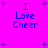 Bright pink background with purple plus signs scattered across; blue pixelated text "I Love Cheer" arranged in three lines.