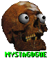 Brown skull with large gray eyes and visible teeth, displayed in three variations with green text below each.