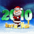 Santa Claus figure stands before green '2010' numerals on blue gradient background with yellow snow-like shapes below.
