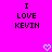 Bright pink background with black pixelated text "I LOVE KEVIN" and two light blue heart icons at the bottom.