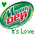 Green oval-shaped icon with 'Mountain Dew' text in red gradient, 'It's Love' below; left side shows green text while right side displays red text.