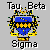 Pixelated graphic with 'Tau Beta Sigma' text above and below a blue trophy-like object with yellow accents on a gray background.