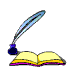 Animated sequence of a blue feather quill dipping into a dark purple inkwell above an open yellow book with pink and orange pages, showing motion from left to right.