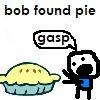 Pixelated character with black outline and blue torso gasps at yellow pie with green crust on white background.
