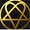 Animated sequence of circular icons featuring interwoven heart and star symbols in gold or purple on dark patterned backgrounds with visible pixelation.