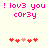 Pixelated pink text and heart symbols on a light background with animated color changes in the hearts.