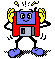 Pixelated robot with blue head, red body, and yellow wing-like arms stands against gray background.