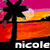 Pixelated icon with pink and orange gradient background, black silhouette of a figure holding an object, white text reading 'nicole' at bottom.