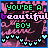 Pixelated text reads "YOU'RE A beautiful BOY" over a pink and purple patterned background with small heart shapes, framed by blue borders.