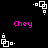 Pixelated white geometric shapes rotate around a central point on black background with pink 'Chey' text appearing in four positions.