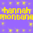 Yellow pixelated text on purple background with scattered yellow star-like shapes, repeated in two horizontal