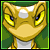 Pixelated cartoon dragon head with yellow eyes, golden scales, and green background; text "BUZZ!" appears in