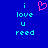 Blue background with cyan text 'i love u reed' and a pink heart symbol above the left 'i'.