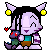 Pixel art character with purple skin, black hair, and white horns holding a small creature, with a red heart floating near its shoulder.