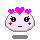 Four pixel-art expressions of a pink character with purple heart-shaped hair, showing neutral, sad, crying, and angry faces on gray background.