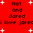 Red background with white starbursts; repeated text "Nat and Jared" and "i love jareci" in black pixelated font.