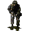 Four pixelated military figures in camouflage uniforms with helmets, each holding a rifle and casting a shadow on gray background.