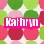 Pixelated image with pink, green, and red circular shapes and white starbursts, featuring a bright pink rectangular banner with white text reading "Kathryn".