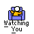 Pixelated image of a yellow figure seated in blue chair with white circular head, holding object near face, below text "Watching You".