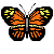 Pixelated butterfly with orange, black, and yellow wings in various poses against gray background.