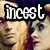 Pixelated image of a person with light hair and blue eyes, overlaid with the word 'incest' in white block letters on a black background.