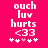 Pixelated text and symbols on a bright pink background with two variations of heart placement.