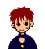 Two pixelated cartoon character faces with red spiky hair, one neutral and one smiling widely with closed eyes.