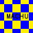 Blue and yellow checkered pattern with four instances of the text "MACHU" in black pixelated font across different sections.