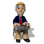 Animated character with blonde hair, blue suit jacket, red tie, and beige pants typing on a keyboard while small blue particles float around the head.