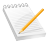 Pixelated white notepad with diagonal orange pencil on gray background, rendered in low-resolution style with visible pixelation and soft edges.
