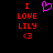 Red pixelated text 'I LOVE LILY <3' on black background with a purple heart symbol above the text.