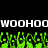 Pixelated text "WOOHOO" in white with green pixelated shapes below on black background.