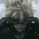 Animated sequence showing a character with spiky blonde hair and dark clothing performing actions including covering eyes, adjusting sunglasses, and removing them against a light sky background.