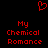 Red pixelated heart symbol above two identical text blocks reading 'My Chemical Romance' on black background.