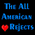 A 2x2 contact sheet of four animated frames showing pixelated blue text "THE ALL AMERICAN Rejects" with a heart symbol replacing the 'e' in "Rejects", alternating between red and purple hearts across frames on a black background.