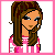 Pixel art contact sheet showing a female character in multiple poses with pink bubblegum text, wearing a cropped top and flared pants.