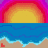 Pixelated beach scene with yellow suns, blue water waves, and beige sand under pink sky; two red L-shaped icons on the sand.