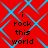 Red background with blue diamond lattice pattern and black text reading "i rock this world" in four identical quadrants.