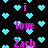 Pixelated cyan hearts float on black background with pink text 'i love Zach' repeating in pattern