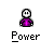 Pixelated character in purple outfit with red-and-white head, holding yellow rectangular object emitting blue sparks