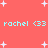 Coral background with white pixelated stars and repeated light blue text 'rachel <33' in two horizontal