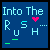 Blue background with light blue text "Into The" above pink heart and pixelated letters "RUSH..." in varying styles across six