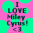 Pixelated text on a pink background with green circles reads "I LOVE Miley Cyrus! <3" in dark green letters.